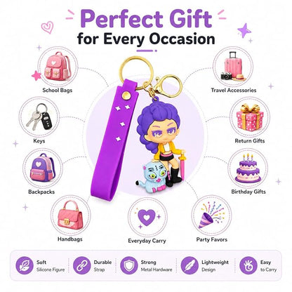 K-Pop Demon Hunters Keychain | Cute 3D Character Silicone Keychain with Wrist Strap for Bags, Backpacks & Keys (Rumi)