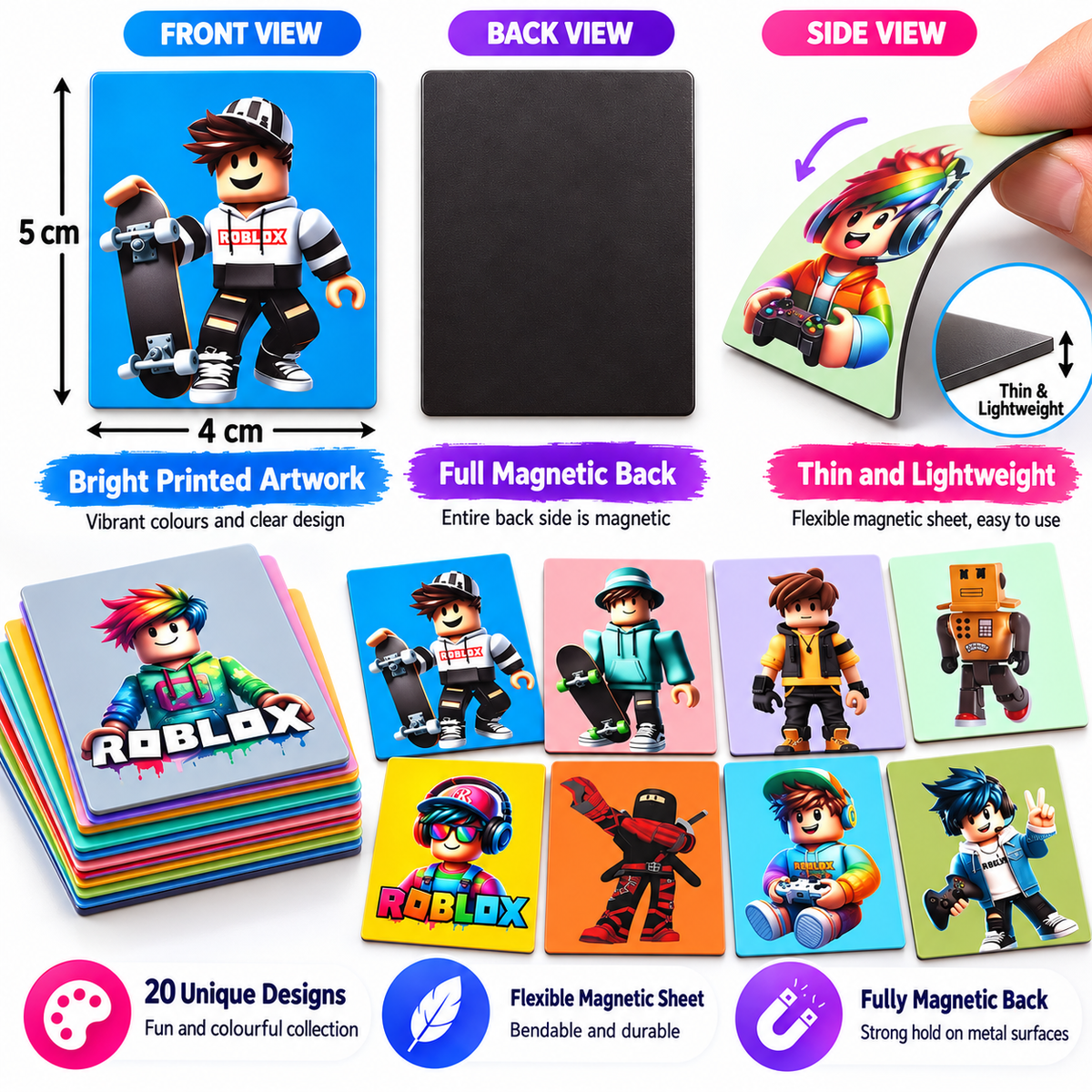 Roblox Kids Fridge Magnet Set, Refrigerator Magnets | Fun Collectible Gift & Home Décor (Pack of 20) 4x5 cm