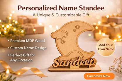 MDF Wooden Name Standee with Moon Design | Custom Name Desk Decor | Laser Cut Wooden Name Plate | Unique Gift for Kids, Birthday, Anniversary, Home & Office Decor