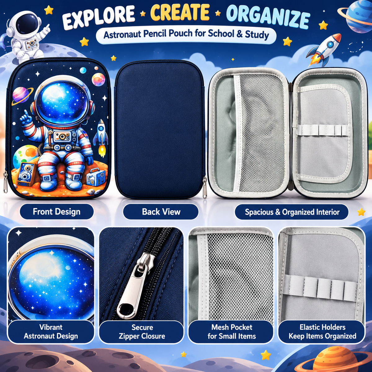 Astronaut Pencil Pouch for Kids | Space Theme Multi-Compartment Stationery Organizer