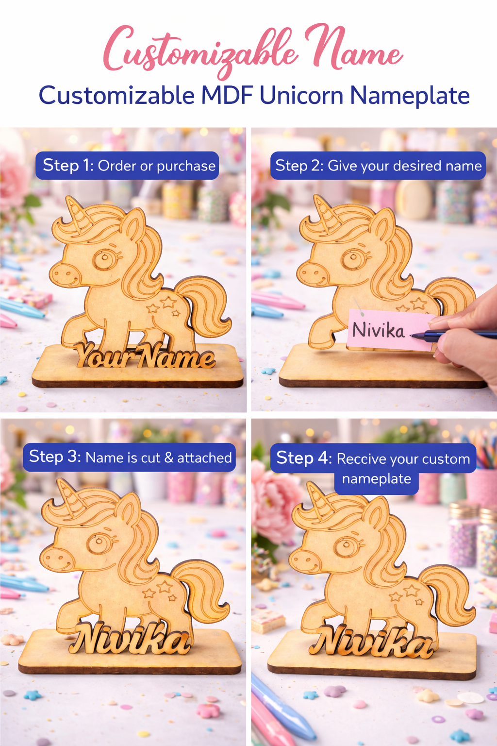 Custom MDF Unicorn Name Standee | Personalized Wooden Name Plate | Kids Room Decor | Birthday Gift | Return Gift