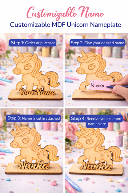 Custom MDF Unicorn Name Standee | Personalized Wooden Name Plate | Kids Room Decor | Birthday Gift | Return Gift