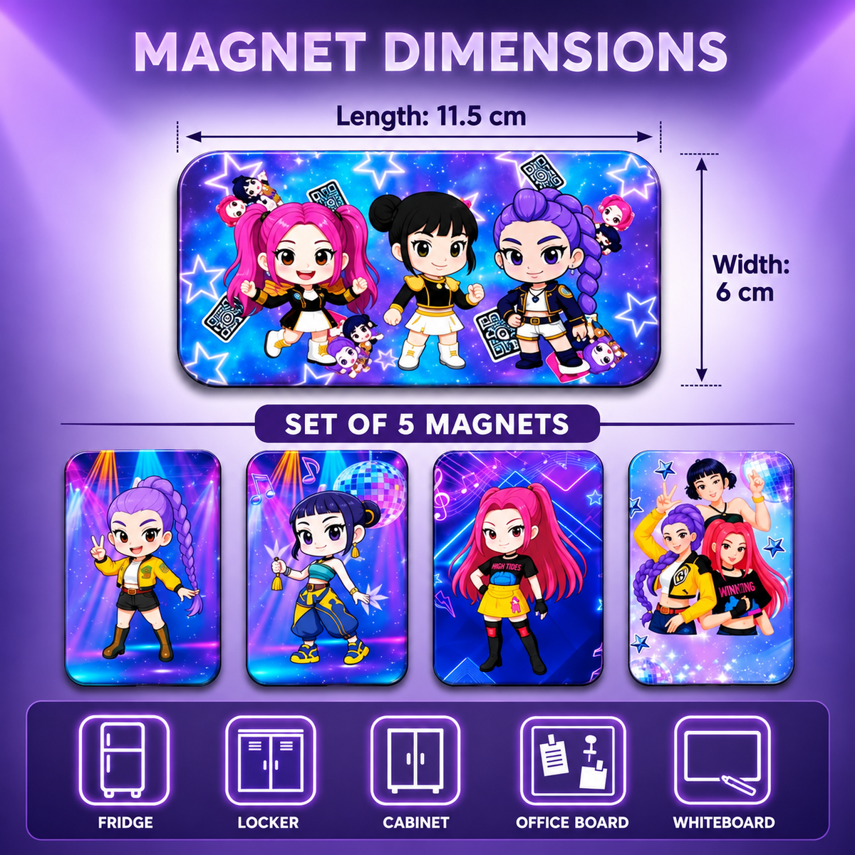 K POP Demon Hunters Fridge Magnets Set of 5, Cute Anime Girl Refrigerator Magnets- Decorative Kitchen, Locker & Office Magnet Set (5 x 2 Inches)