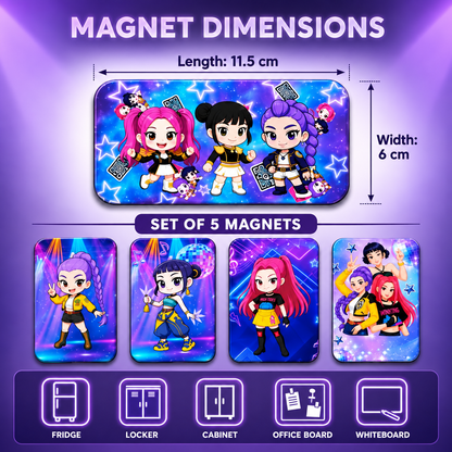 K POP Demon Hunters Fridge Magnets Set of 5, Cute Anime Girl Refrigerator Magnets- Decorative Kitchen, Locker & Office Magnet Set (5 x 2 Inches)