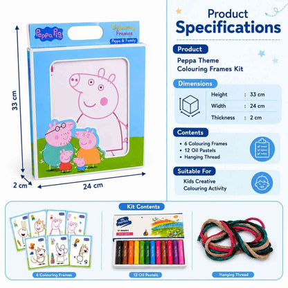 Peppa Theme Colouring Frames Kit with 6 Colouring Sheets, 12 Oil Pastels & Hanging Thread | DIY Kids Art & Craft Activity