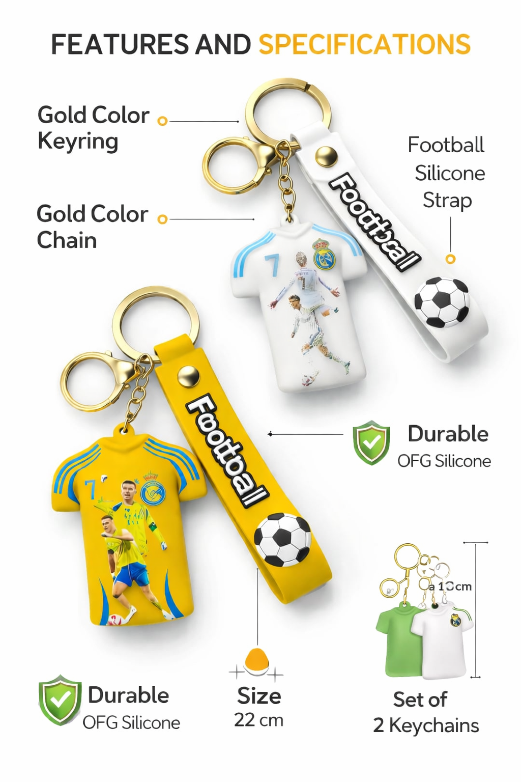 Football Jersey Keychain Combo Pack (Set of 2) | CR7 Ronaldo No.7 | Premium Silicone Key Ring with Strap | Gift for Football Fans, Boys, Men | Bag, Bike, Car Accessories (RONALDO)