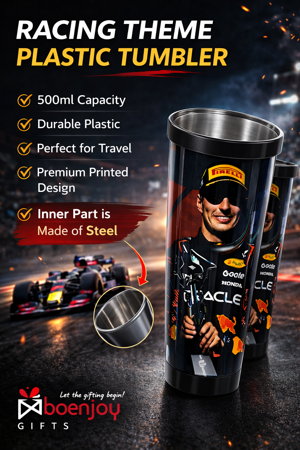 Racing Driver Printed Travel Mug with Lid – 500 ml Reusable Coffee Tumbler | Plastic Outer & Steel Inner | Leakproof Coffee Cup for Office, Car & Travel – Black
