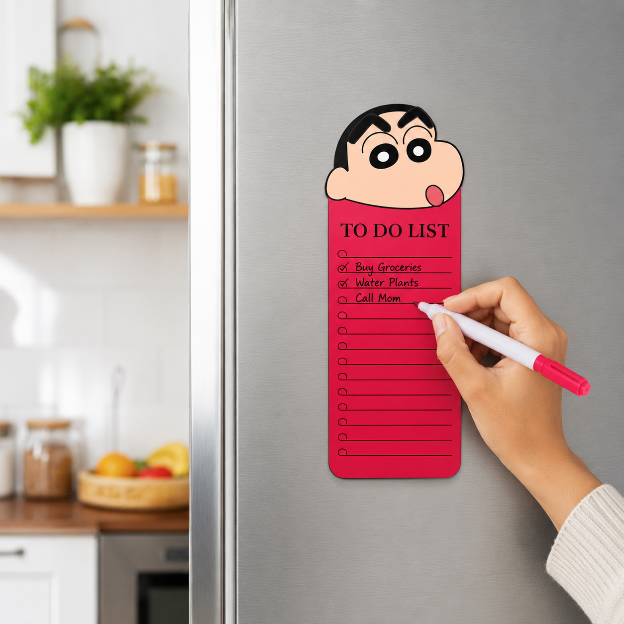 Sinchan to Do List Fridge Magnet with Marker, Reusable Acrylic Daily Planner Board, Magnetic Task Checklist for Home, Kitchen, Office & Kids, Pink Cartoon Design, 24 x 9 cm