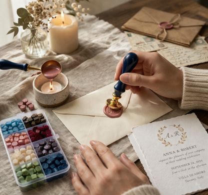 Wax Seal Kit with Beads & Stamps – 20 Color Wax Beads Set with Premium Sealing Stamps for Invitations, Gifts & Crafts(COMOBO PACK)