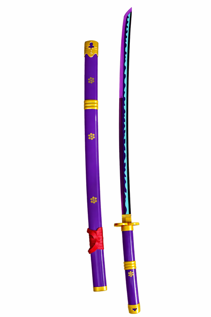 Premium LED Purple Samurai Sword with glowing plastic blade and wooden upper part. Lightweight, safe and durable toy sword with plastic cover. Perfect for cosplay, decoration and kids play. Length 104cm (ENMA VIOLET)