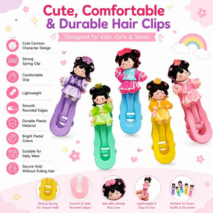 Cute Cartoon Girl Hair Clips for Kids, Girls & Teens | 5 PCS Colorful Snap Hair Clip Set | Kawaii Character Hair Accessories