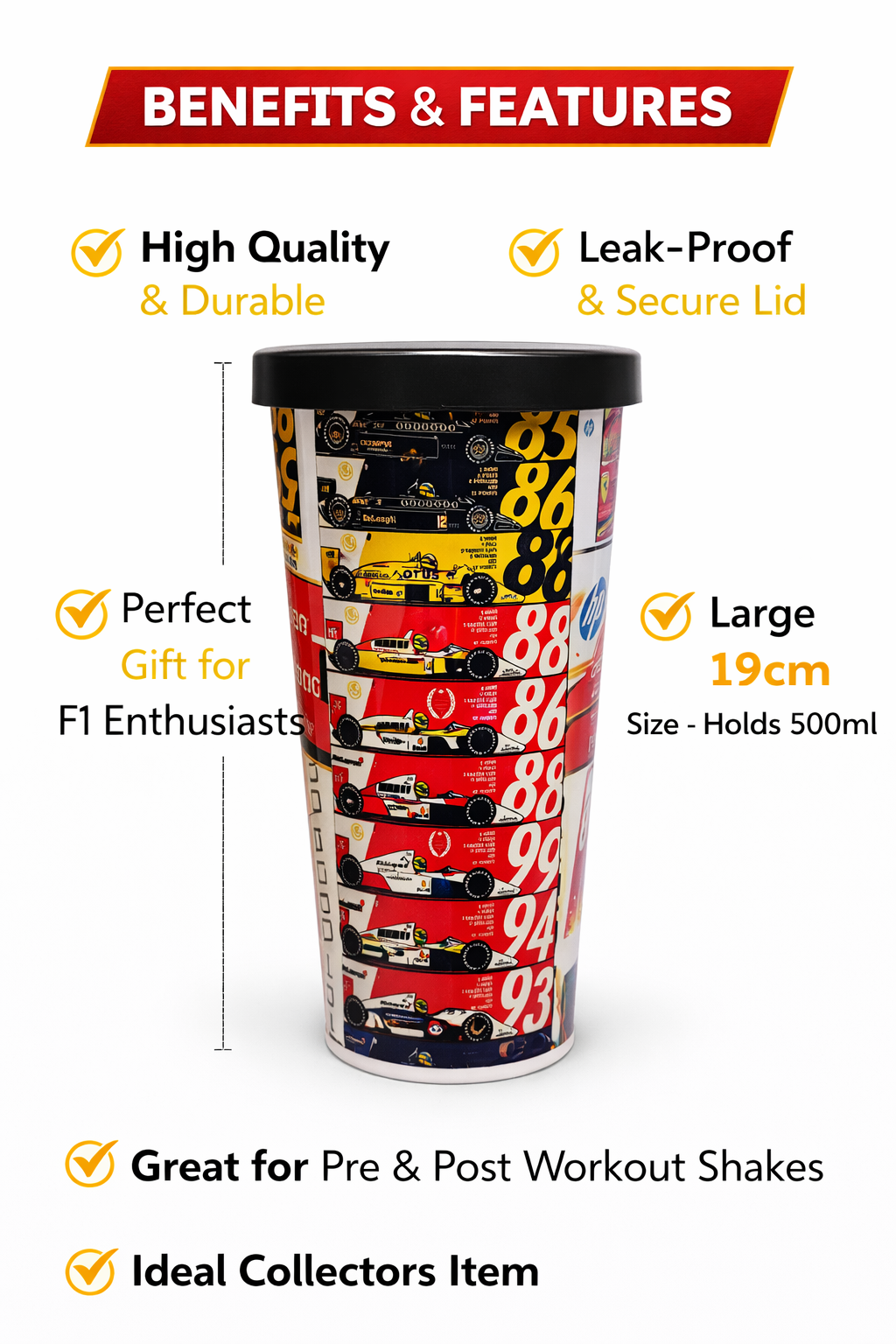F1 Racing Shipper Tumbler 500ml with Lid – Formula Racing Car Design Plastic Shaker Bottle for Gym, Protein Shake & Water | Leakproof Travel Tumbler | Gift for Racing Fans