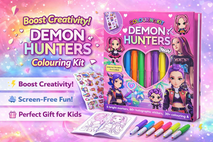 K POP Demon Hunters Colouring Kit for Kids – 6 Color Markers, 60+ Holographic Stickers, 30+ Activity Pages | Creative Art & Craft Gift Set