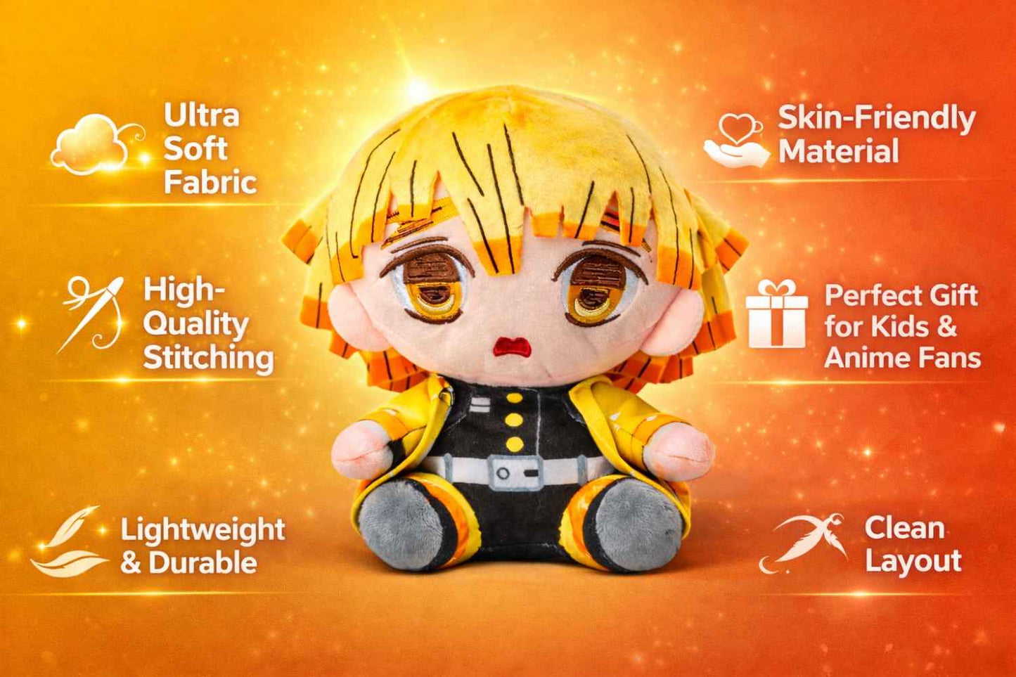 Zenitsu Agatsuma Plush Toy 20 CM – Anime Soft Stuffed Doll | Premium Quality Fabric | Cute Gift for Kids, Boys, Girls & Anime Fans