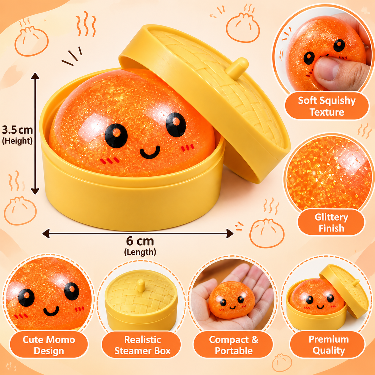 Momos Theme Squishy Toy – Cute Glittery Soft Squeeze & Sensory Fidget Toy with Yellow Steamer Box, Random Colour