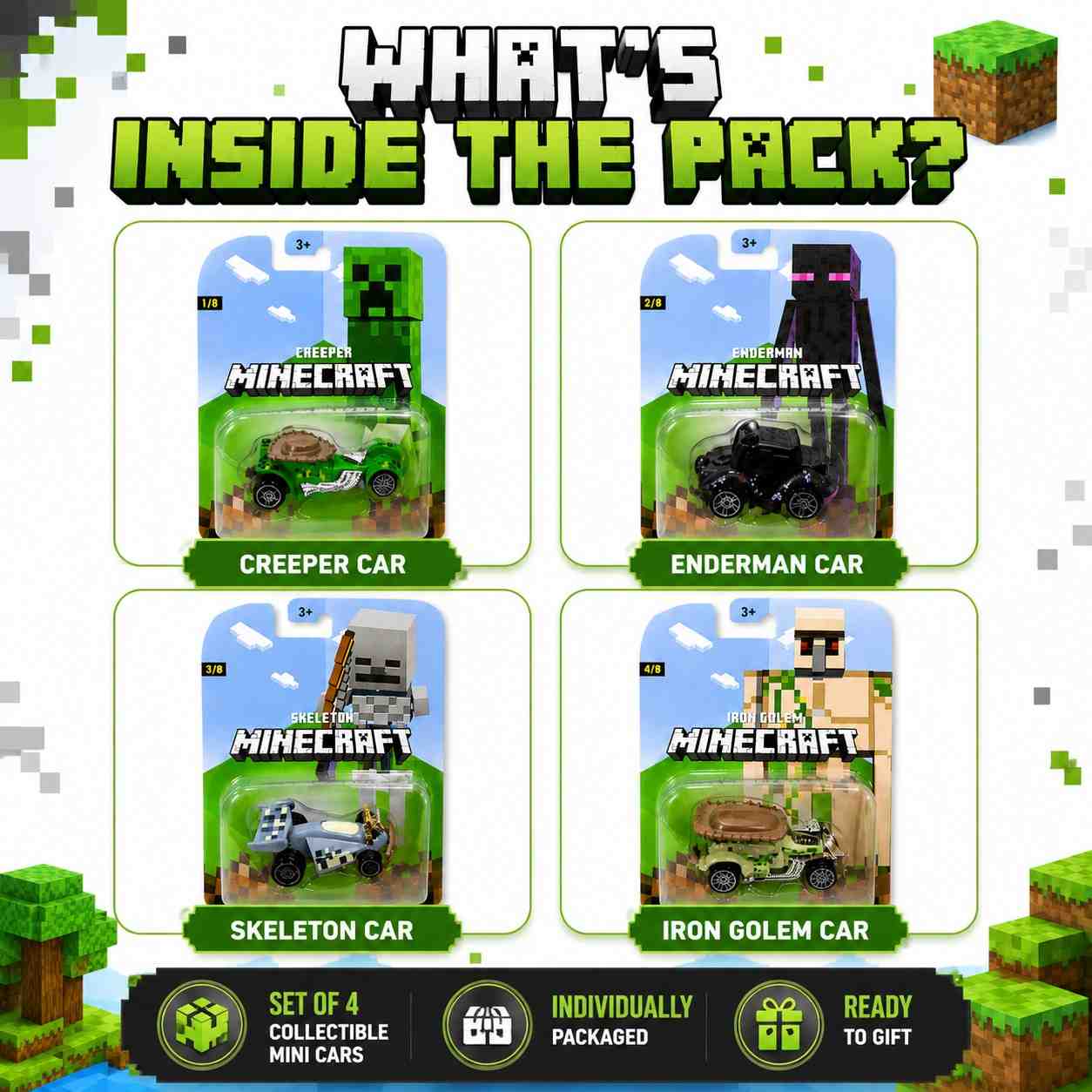 Minecraft Mini Cars Set of 4 – Creeper, Enderman, Skeleton & Iron Golem Collectible Toy Cars | Individually Packed Gift Set for Kids 3+