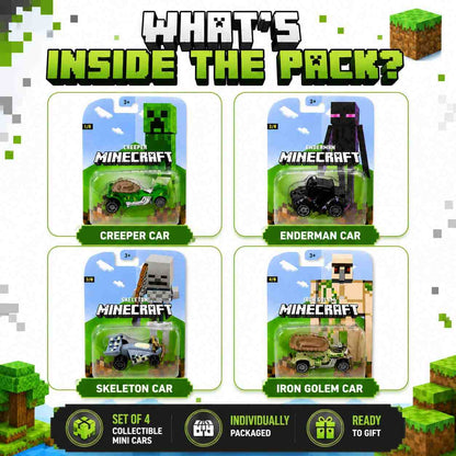 Minecraft Mini Cars Set of 4 – Creeper, Enderman, Skeleton & Iron Golem Collectible Toy Cars | Individually Packed Gift Set for Kids 3+