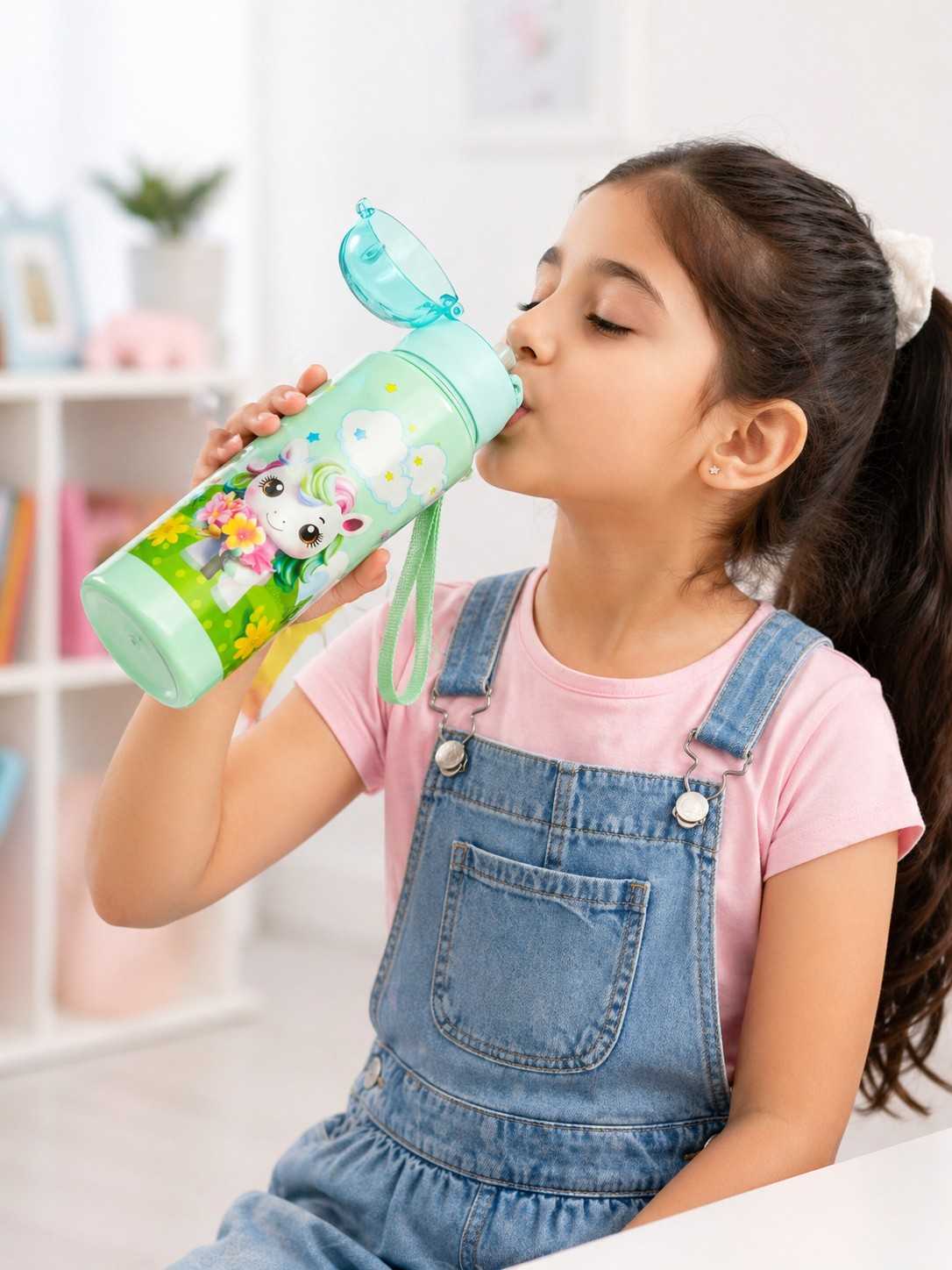 Unicorn Printed Water Bottle for Kids 1 Pc, Leakproof Flip Cap, BPA Free Plastic, Built-in Straw, Carry Strap, School Bottle for Kids Boys & Girls (500ml Approx)