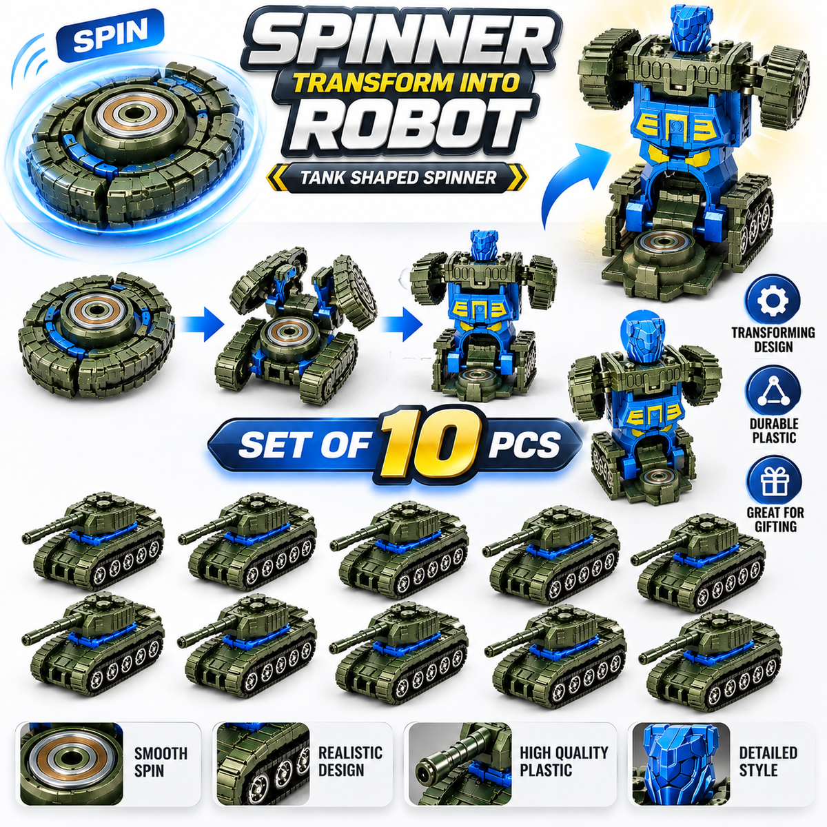 Transforming Tank Robot Toy Set of 10 for Boys & Girls | Plastic Rotating Toy | NO COD