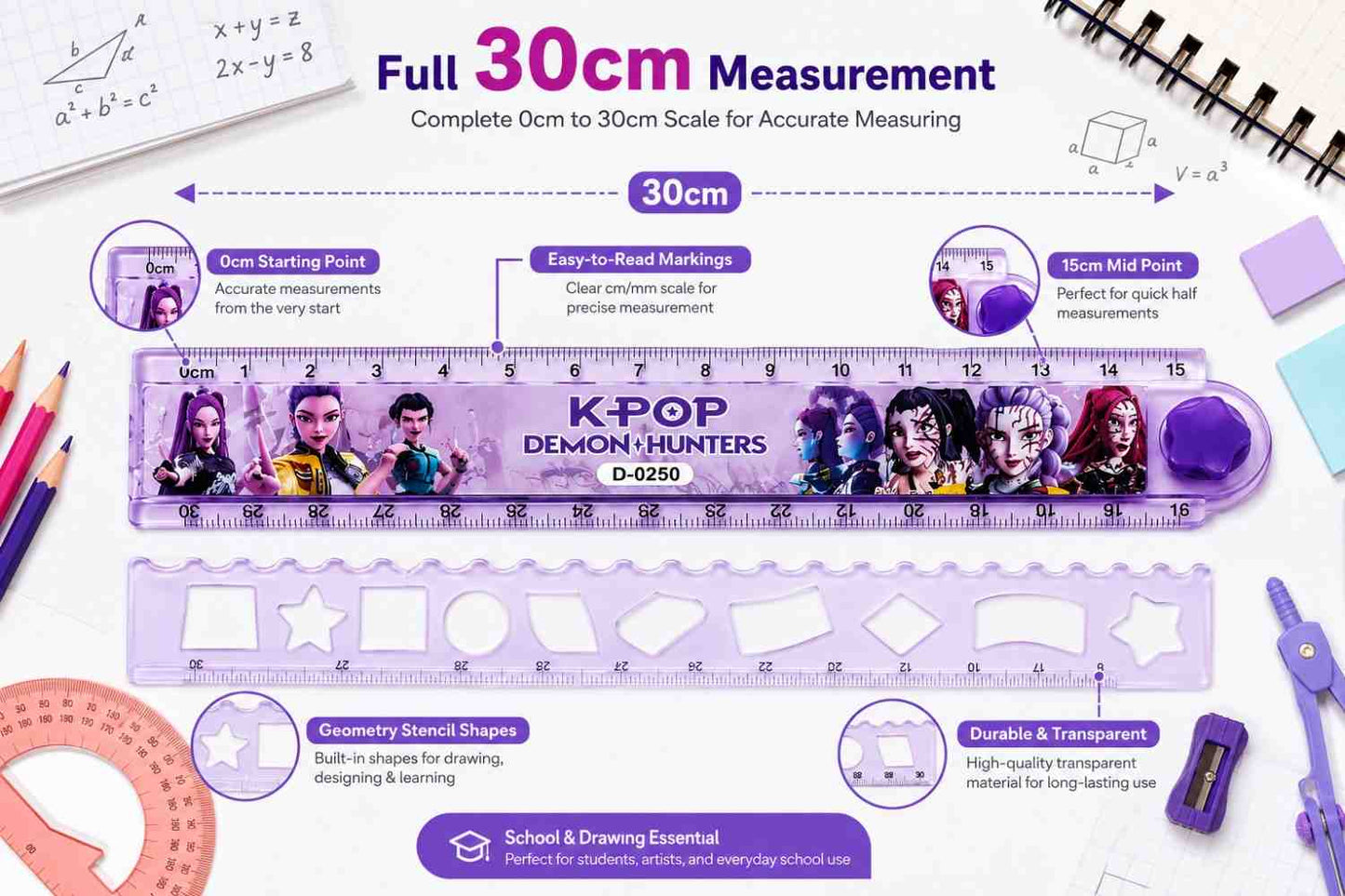 KPOP Demon Hunters Ruler Set of 3 | 30cm Transparent Scale with Geometry Stencil | Rumi, Mira & Zoey Character Design | School Stationery for Kids