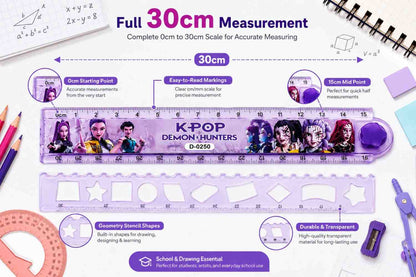 KPOP Demon Hunters Ruler Set of 3 | 30cm Transparent Scale with Geometry Stencil | Rumi, Mira & Zoey Character Design | School Stationery for Kids
