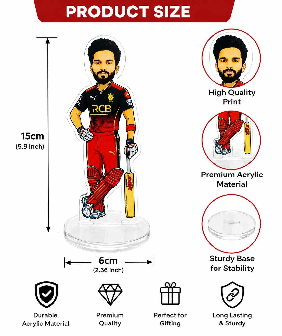 Rajat Patidar Acrylic Standee for RCB Fans | Royal Challengers Bengaluru Cricket Player Collectible | 15cm Premium Acrylic Figure | Desk Decor, Car Dashboard Accessory, Gift for Cricket Lovers