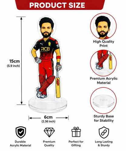 Rajat Patidar Acrylic Standee for RCB Fans | Royal Challengers Bengaluru Cricket Player Collectible | 15cm Premium Acrylic Figure | Desk Decor, Car Dashboard Accessory, Gift for Cricket Lovers
