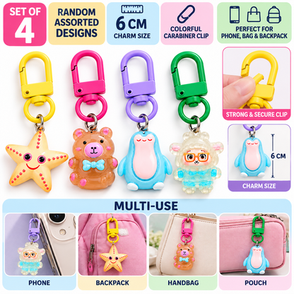 Phone Charms for Girls Set of 4, Cute Random Assorted Designs 6 cm, Colorful Carabiner Keychain Charms for Mobile Phone, Backpack, Handbag & Pouch