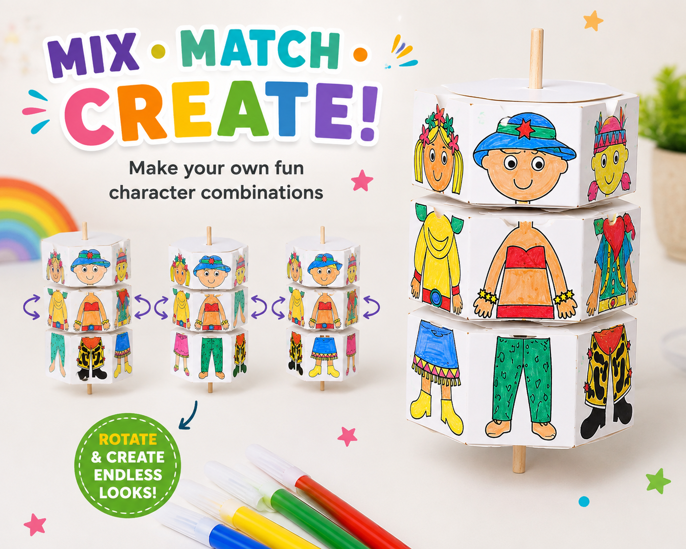 Kids DIY Colouring Kit with 4 Markers & Wooden Stick | Mix & Match Character Cube