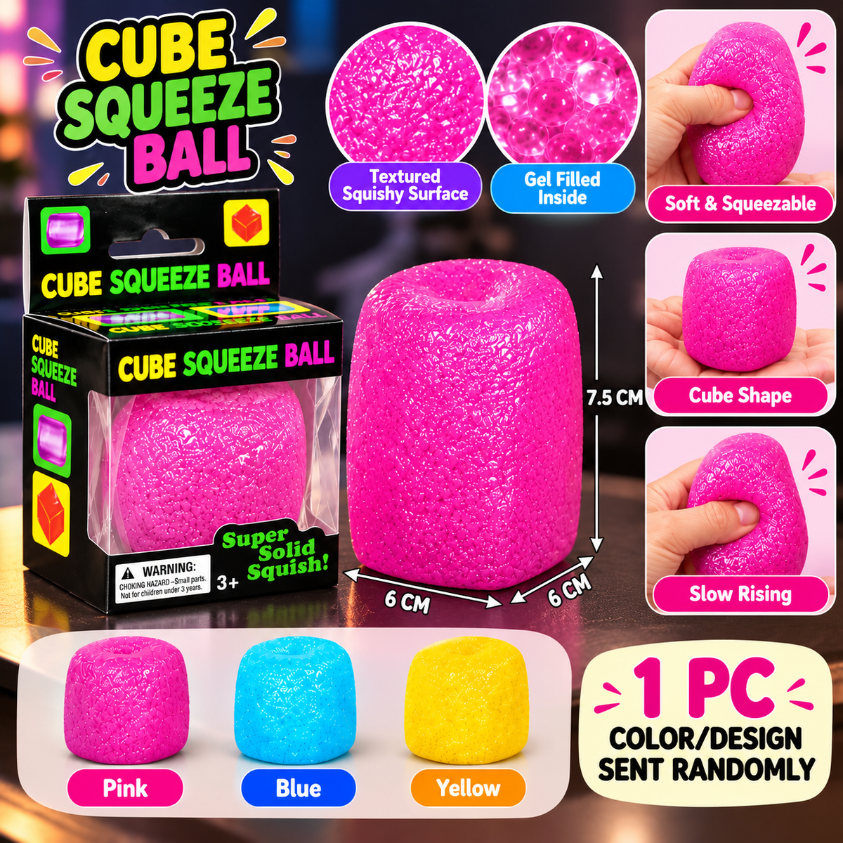 Cube Squeeze Ball Squishy – Soft Textured Sensory Fidget Toy for Kids & Adults | 1 Pc Random Color