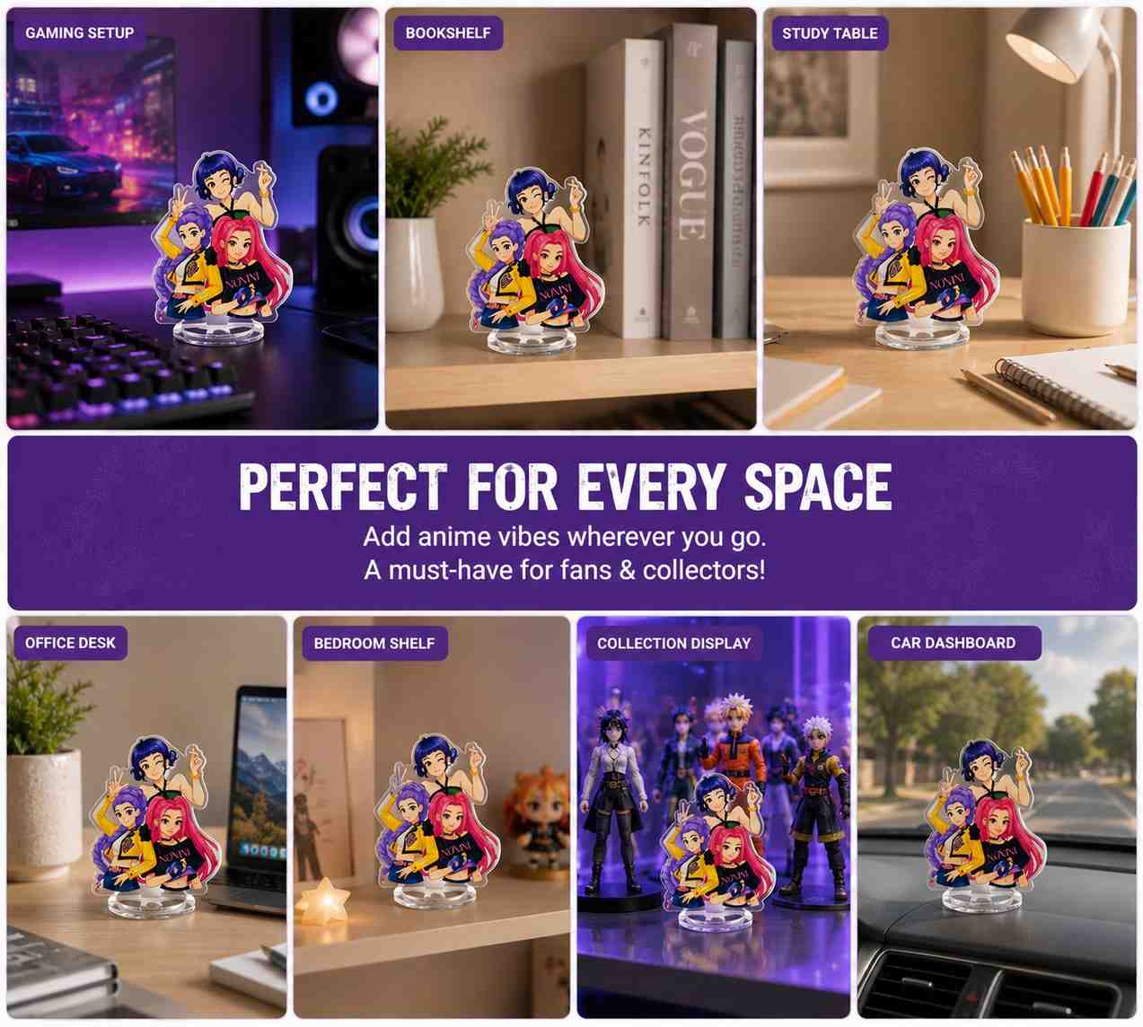 K-Pop Demon Hunters Acrylic Standee – Rumi, Mira & Zoey Desk Decor | Anime Acrylic Figure for Desk, Shelf & Car Dashboard