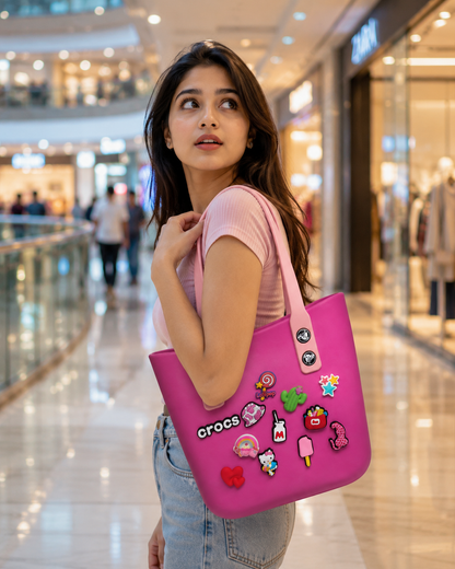 Silicone Croc Bag with Decorative Charms for Girls & Women | Waterproof Lightweight Everyday Tote Handbag 20x25x12 | Medium