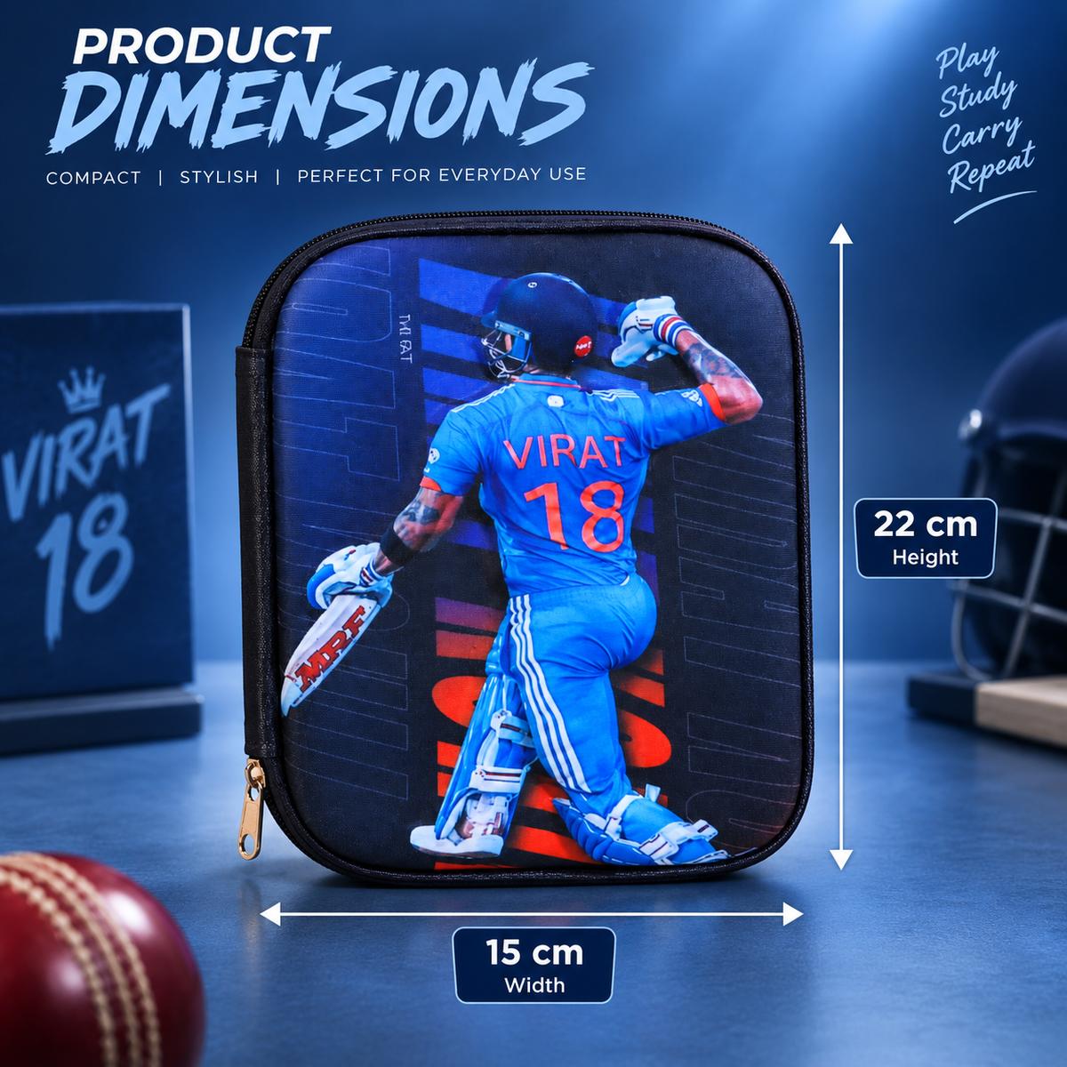 Virat 18 Cricket Pencil Pouch 22 x 15 cm | Pencil Case with Mesh Pocket & Elastic Holders