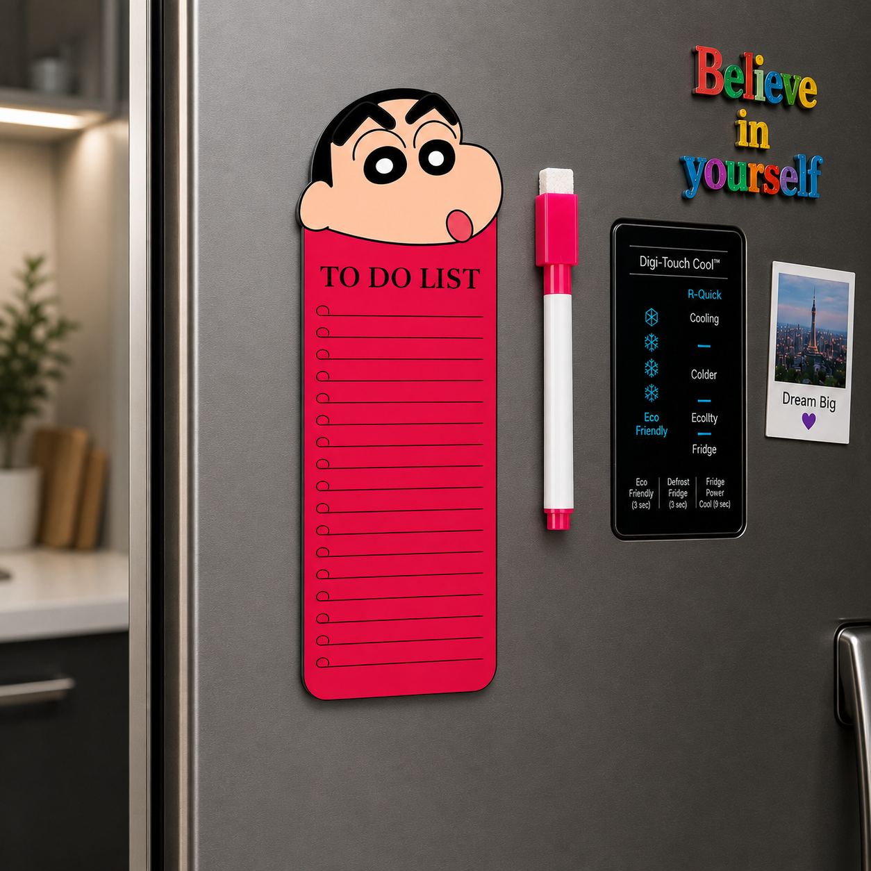 Sinchan to Do List Fridge Magnet with Marker, Reusable Acrylic Daily Planner Board, Magnetic Task Checklist for Home, Kitchen, Office & Kids, Pink Cartoon Design, 24 x 9 cm