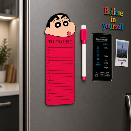Sinchan to Do List Fridge Magnet with Marker, Reusable Acrylic Daily Planner Board, Magnetic Task Checklist for Home, Kitchen, Office & Kids, Pink Cartoon Design, 24 x 9 cm