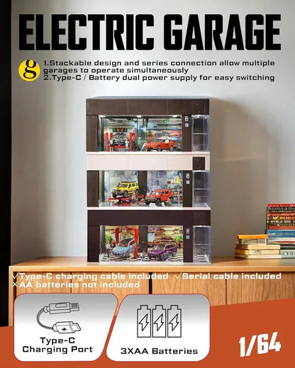 Diecast Car Display Garage 1:64 Scale with LED Lighting & Voice Control | Stackable Storage Case with 3 Changeable Diorama Scenes (Black)