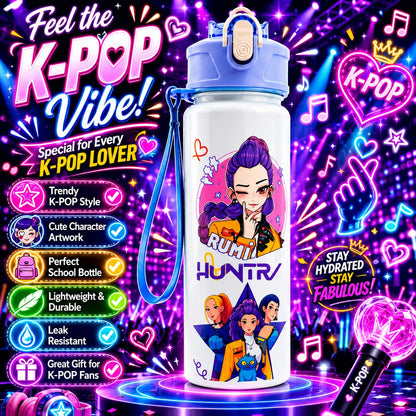 K Pop Demon Hunters Water Bottle for Kids 650ML | Leak Proof Straw Bottle with Carry Strap | Anime K Pop School Water Bottle | BPA Free Sports Bottle