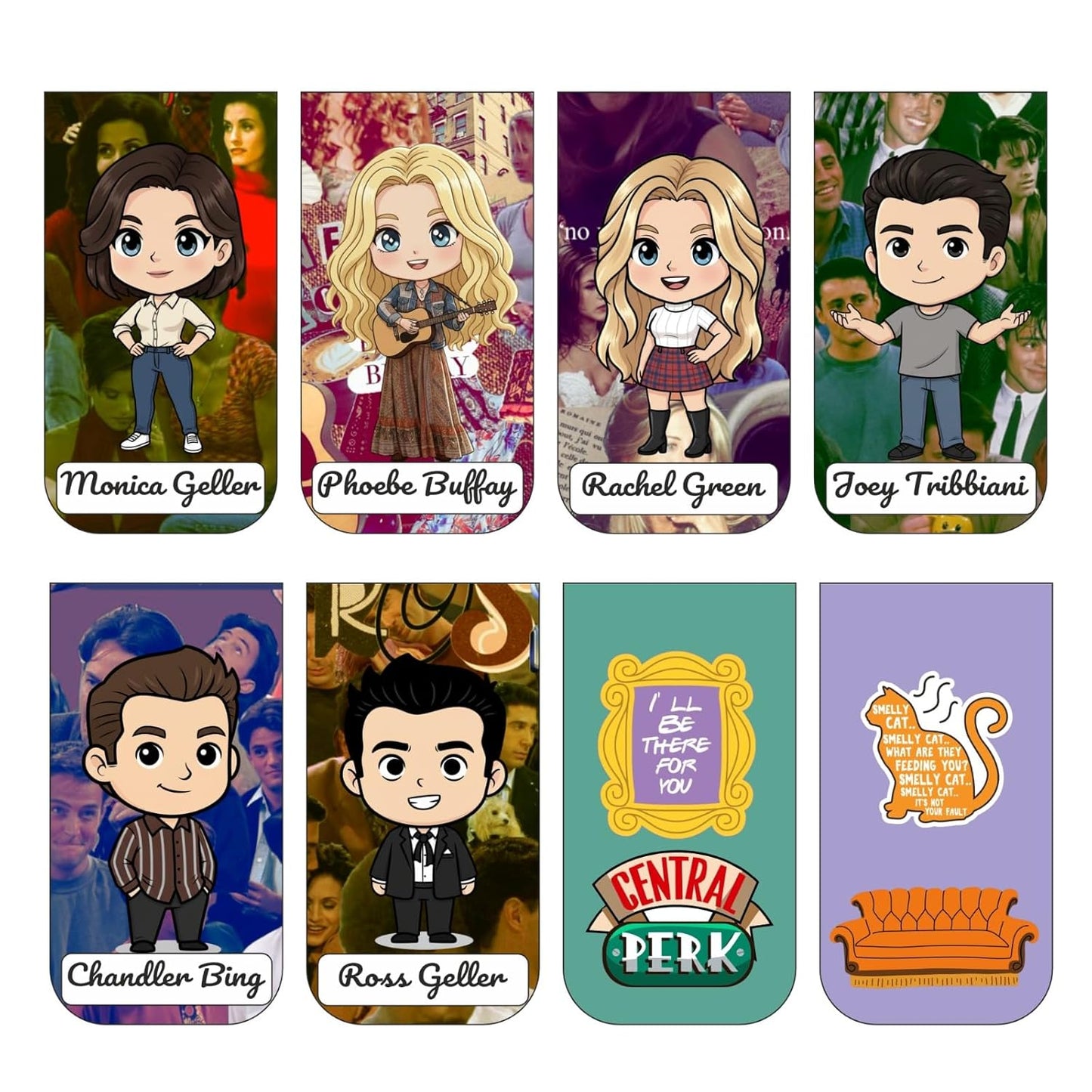 Friends Chibi Bookmark Set of 10-8 Magnetic Bookmarks + 2 Paper Bookmarks for Book Lovers, Aesthetic Bookmarks, Magnetic Bookmarks for Readers (11 x 2.9 cm)