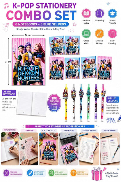 K-Pop Stationery Set, 6 Notebooks with 100 Pages Each and 6 Smooth Gel Pens, Gift for Students and Fans