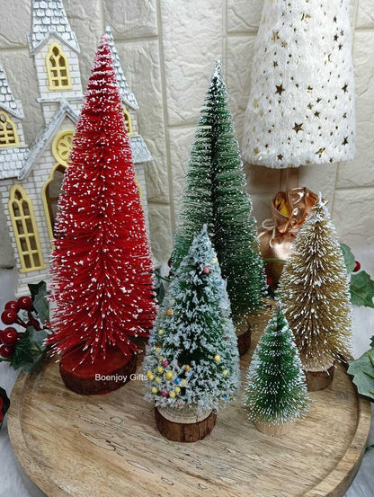 Gold Mini Christmas Tree Showpiece for Tabletop Decoration - Artificial Snow, Wooden Base, No Lights or Music (16 cm)