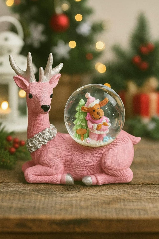 Pink Reindeer Snow Globe, 10 cm Christmas Decoration | NO Light & NO Music | Cute Deer Figurine with Bear Dome | Festive Xmas Table Dcor for Home, Office & Gifting