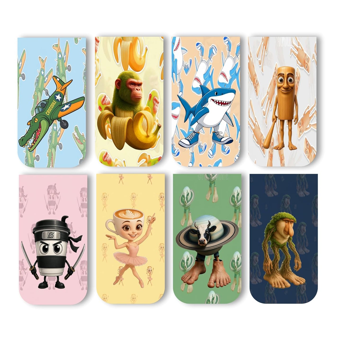 Italian Brainrot Bookmark Set of 10-8 Magnetic Bookmarks + 2 Paper Bookmarks for Book, Bombardino Crocodilo, tralalero tralala, Ballerina Cappuccina Funny Page Markers (11 x 2.9 cm)
