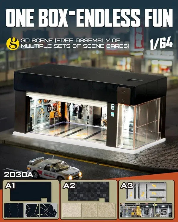 Diecast Car Display Garage 1:64 Scale with LED Lighting & Voice Control | Stackable Storage Case with 3 Changeable Diorama Scenes (Black)