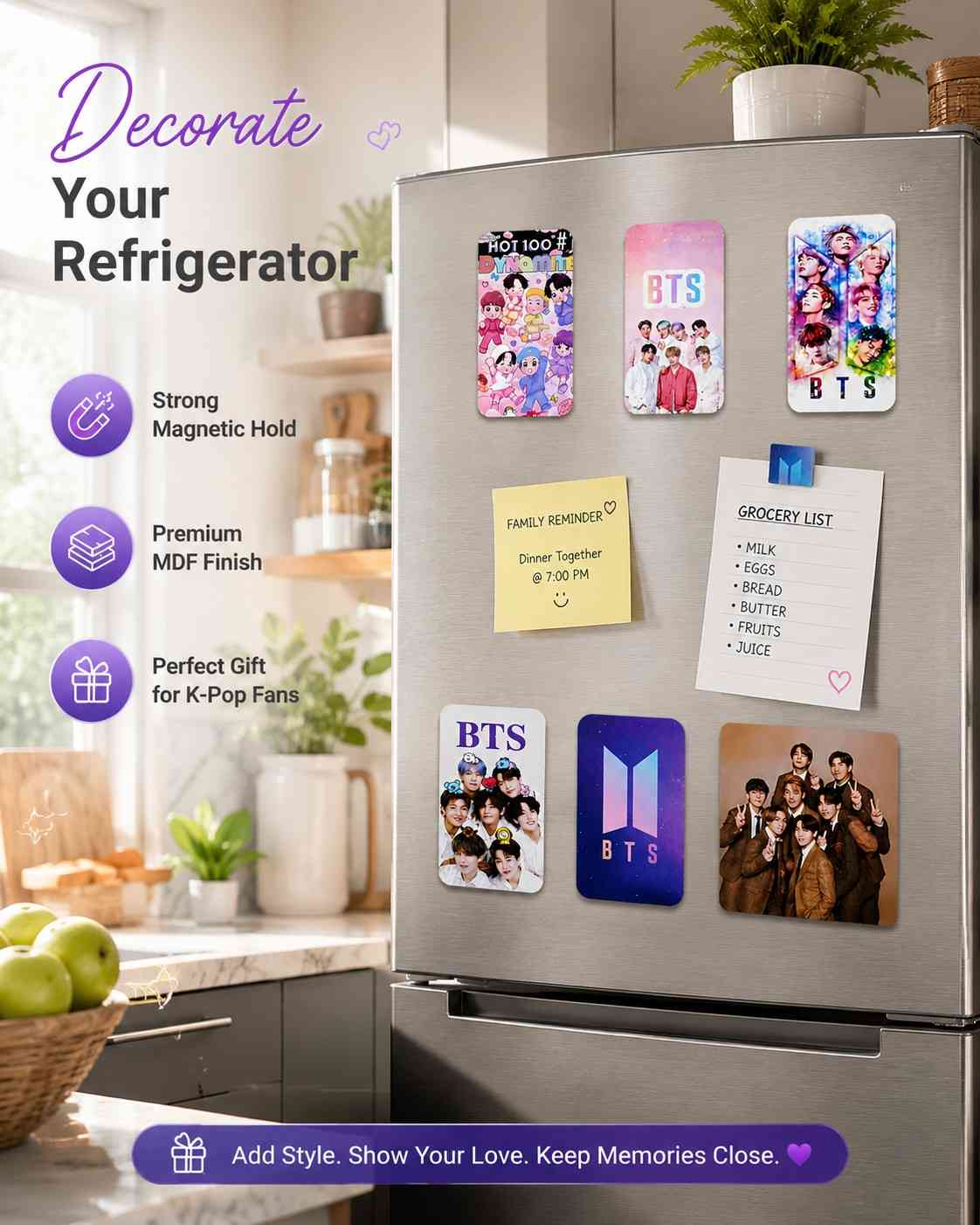 BTS Fridge Magnet Set of 6 | RM Jin SUGA j-hope Jimin V Jung Kook K-Pop Magnetic Fridge Magnets | Glossy Decorative Refrigerator Magnets