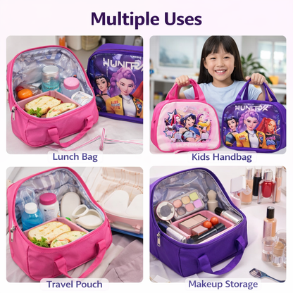 K POP  Demon Hunters Lunch Bag for Kids Girls – Stylish Insulated Handbag, Durable Fabric, Spacious Zipper Compartment, Lightweight Lunch Box (Pink & Purple) – Random 1 Pc