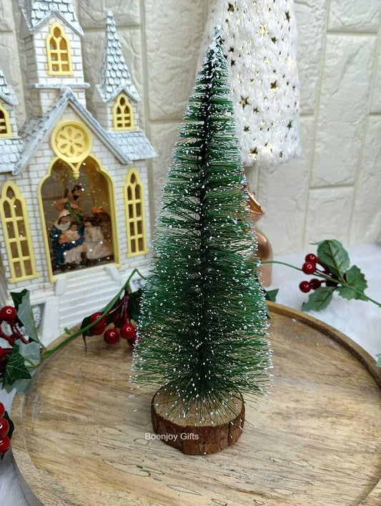 Green Mini Christmas Tree Showpiece for Tabletop Decoration - Artificial Snow, Wooden Base, No Lights or Music (25 cm)