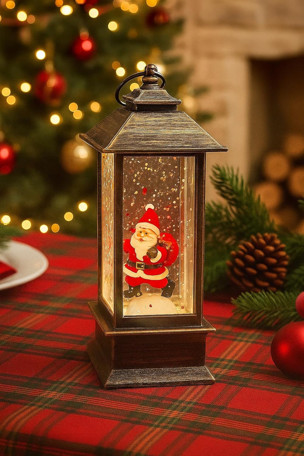 Christmas Snow Globe Lantern with Santa Figurine | 14 cm Lighted Christmas Decoration, Battery Operated Glitter Lantern, Festive Xmas Tabletop Decor, (Only Light, No Music)