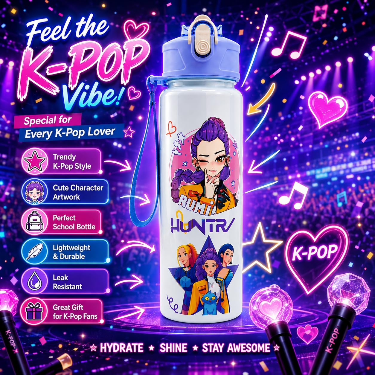 K Pop Demon Hunters Water Bottle for Kids 650ML | Leak Proof Straw Bottle with Carry Strap | Anime K Pop School Water Bottle | BPA Free Sports Bottle