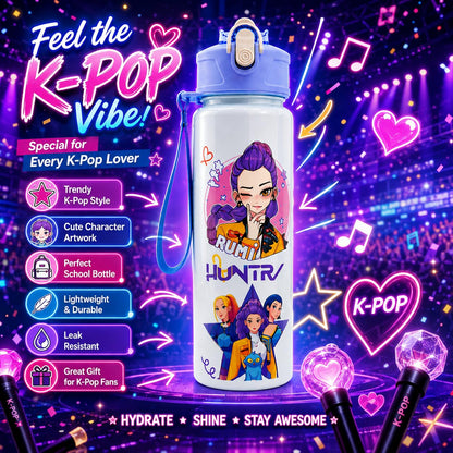 K Pop Demon Hunters Water Bottle for Kids 650ML | Leak Proof Straw Bottle with Carry Strap | Anime K Pop School Water Bottle | BPA Free Sports Bottle
