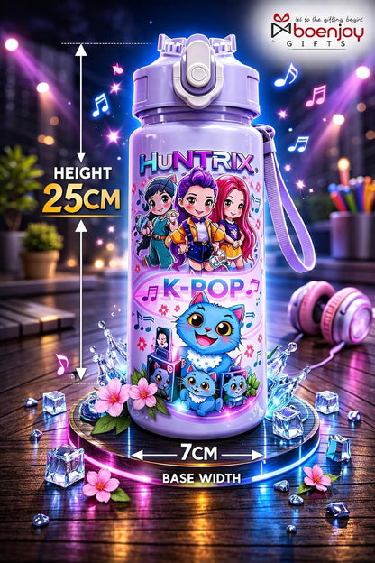 Water Bottle with Straw, Leakproof BPA Free Plastic Bottle, Cute Demon Hunter Design, Portable School Bottle with Strap, 500ml Reusable Drinking Bottle for Boys & Girl (Random Colour)